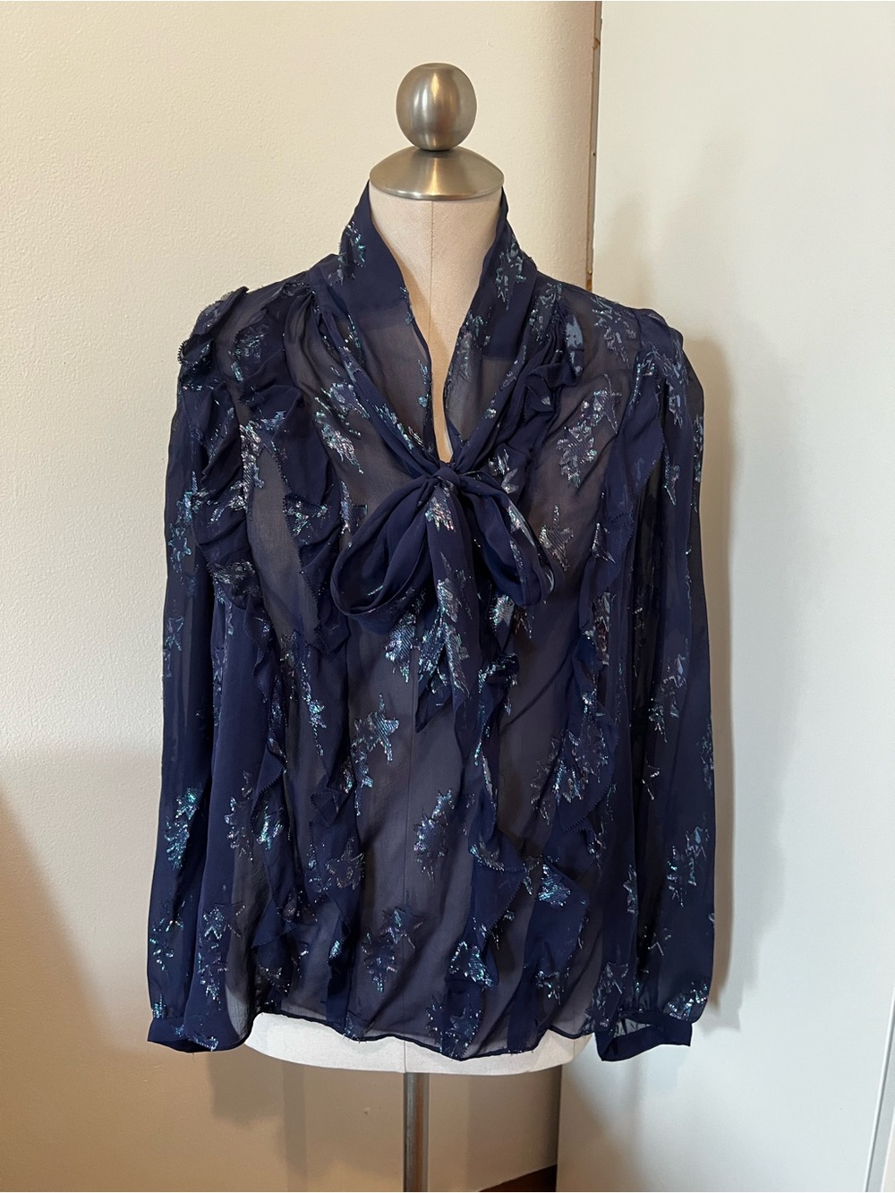 Rebecca Taylor Sheer Navy Floral Tie-Neck Blouse